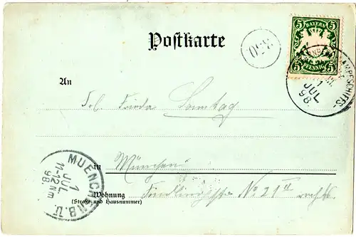 Bayern 1898, K1 STARNBERG DAMPFSCHIFFSPOST C III klar auf AK m. 5 Pf.