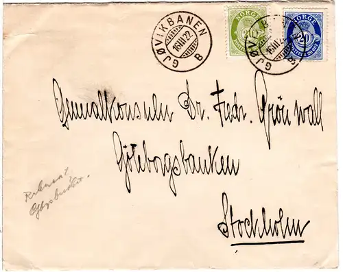 Norwegen 1922, inter. Mischfrankatur 20 öre blau und grün auf Brief m. Bahnpost