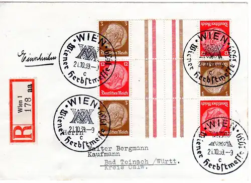 DR Ostmark 1939, Bogenteil Kehr-Zusammendrucke, 6 Marken auf Reko Brief v. Wien