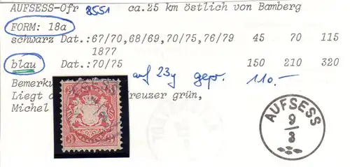 Bayern 23y, 3 Kr. m. klarem blauem Zierstpl. AUFSESS. Geprüft.