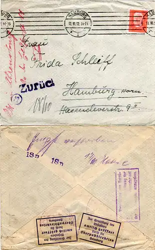 DR 1932, Brieföffnungsstelle Hamburg, Brief m. rücks. 2 Verschlussmarken 