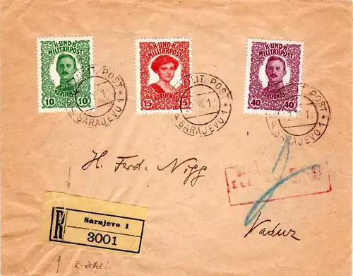 Bosnien 1929, 3 Marken auf Reko Zensur Brief v. Sarajevo n. Liechtenstein.