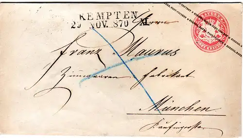 Bayern 1870, 3 Kr. Ganzsachenumschlag m. klarem L2 KEMPTEN