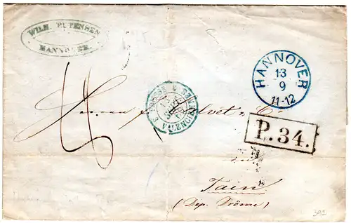 Hannover 1860, K1 HANNOVER u. Vertrags-R1 P.34. auf Porto Brief n. Frankreich.