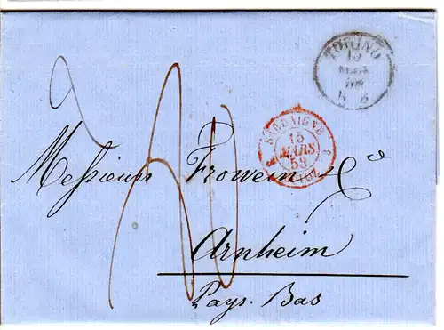 Italien Sardinia 1858, K1 TORINO auf Porto Brief via Culoz n. Arnheim, NL.