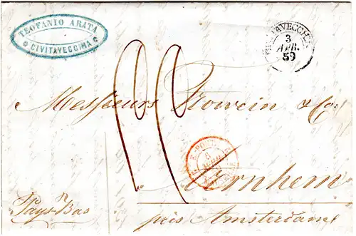 Italien Kirchenstaat 1859, K2 CIVITAVECCHIA  auf Porto Brief n. Arnhem, NL.