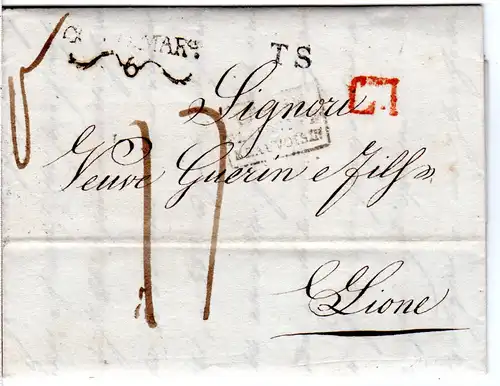Lombardei 1833, Fleuronstpl. COMO u. L I auf Brief n. Frankreich