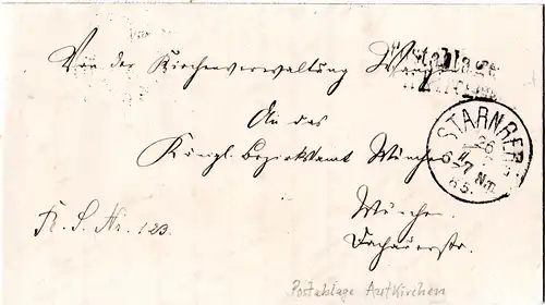 Bayern 1885, L2 Postablage AUFKIRCHEN auf Brief m. K1 Starnberg n. München