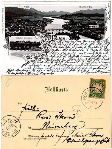 Bayern 1897, Postablage-K1 TOELZ-KRANKENHEIL auf Litho-AK m. 5 Pf. (Helbig 150).