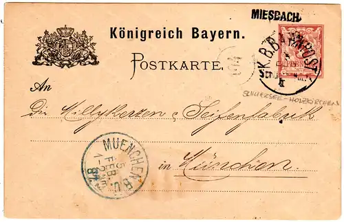 Bayern 1887, L1-Stationsstempel MIESBACH auf 5 Pf. Ganzsache m. Bahnpost Stpl.