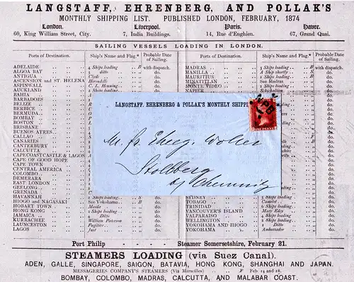 GB 1874, 1d auf Drucksache Pollack´s Monthly Shipping List v. London n. Sachsen