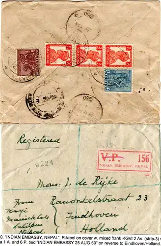 Indien 1950, R-Zettel INDIAN EMBASSY, NEPAL auf Einschreiben Brief m. 5 Marken