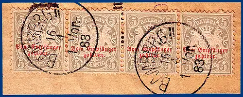 Bayern Porto 5, Viererstreifen 5 Pfg. auf Briefstück m. K1 Bamberg 1883. #S511