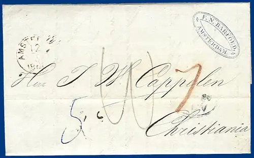 Niederlande 1860, Porto Brief v. Amsterdam n. Norwegen via Hamburg. #S339