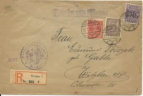 DR 1922, 3 Dienst Marken auf Orts Einschreiben Rückschein Brief v. Wetzlar! #632