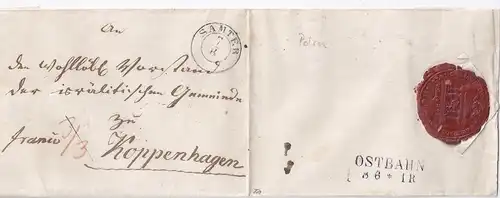 Preussen Dänemark ca. 1850, K2 SAMTER auf Franco Brief m. rücks. OSTBAHN. #656
