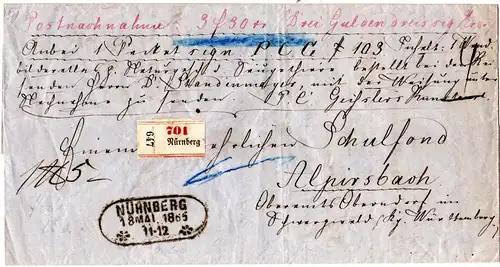 Bayern 1865, Fahrpoststempel NÜRNBERG auf Nachnahme Paketbrief n. Württemberg