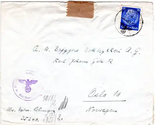 FP WK II 1941, EF 25 Pf. auf Zensur Brief v. 35240 n. Norwegen