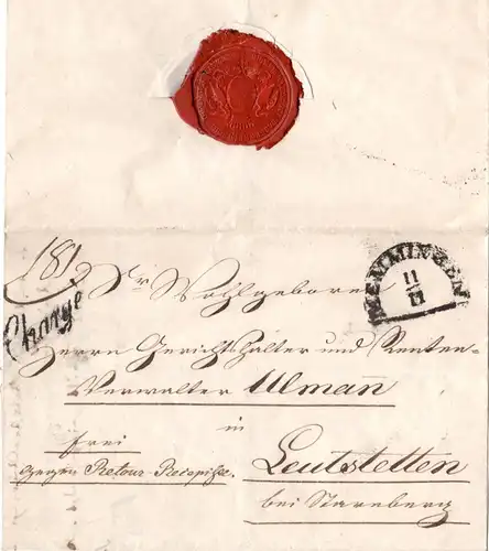 Bayern 1844, HKS MEMMINGEN u. L1 Chargé auf Franko Brief gg. Retour-Rezepisse