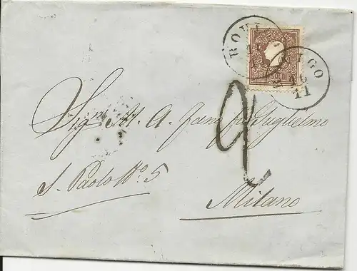 Lombardei u. Venetien 1861, 10 Soldi auf Grenzfranko Brief v. Rovigo n. Milano