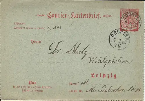 Stadtpost Leipzig 1898, Ganzsache K11, gebr. 3 1/2 Pf. Courier Kartenbrief