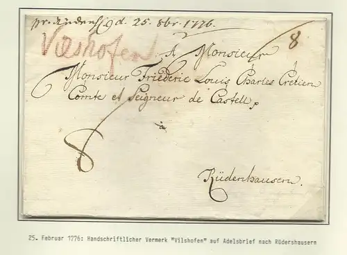 Bayern 1776, handschr. "Vilshofen" auf Porto Brief v. Orttenburg n. Rüdenhausen