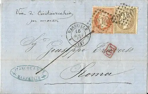 Frankreich 1867, Schiffspost Brief "Civitavecchia per Mare" i.d. Kirchenstaat. 