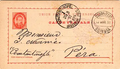 Portugal 1891, 20 C. Ganzsache v. Coimbra n. Pera Constantinopel Dt. Post Türkei