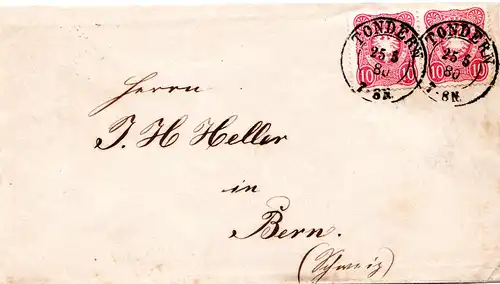 DR 1880, Paar 10 Pfge. auf Brief m. Schleswig-Holstein K2 Tondern i.d. Schweiz