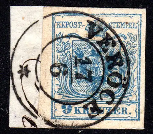 Österreich, breitrandige 9 Kr. auf Briefstück m. klarem Ungarn-K2 VERÖCE