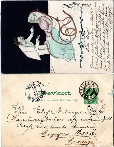 Norwegen 1901, 5 öre Ganzsache m. rs. Zeichnung v. Christiania n. Schweden