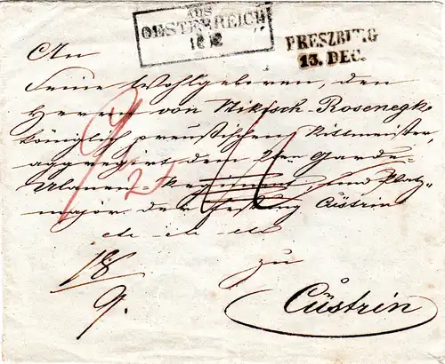 R3 Aus Österreich auf gesiegeltem Porto Brief v. PRESZBURG n. Cüstrin, Preussen