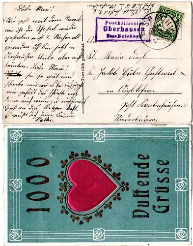 Bayern 1910, Posthilfstelle OBERHAUSEN Taxe Reisbach auf Gruss-AK. Helbig 170  