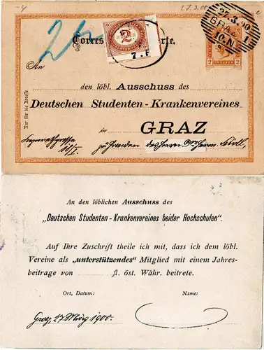 Österreich 1900, 2 Kr. Orts Ganzsache GRAZ m. 2 Heller Portomarke. 2 Währungen!