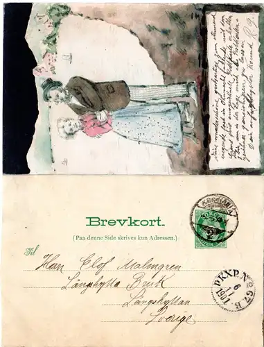 Norwegen 1901, 5 öre Ganzsache m. rs. Zeichnung v. Kristiania n. Schweden