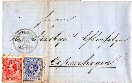 NL 1874, 5+10 C. auf Brief v. Amsterdam n. Dänemark.