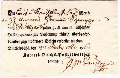 Bayern 1763, Postschein der Kaiserl. Reichspost v. Dinkelsbühl 