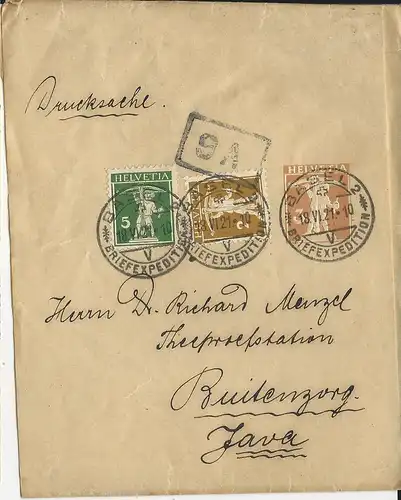 Schweiz 1921, 2+5 C. Zusatz auf 3 C. Streifband Ganzsache v. Basel n. Java #3066