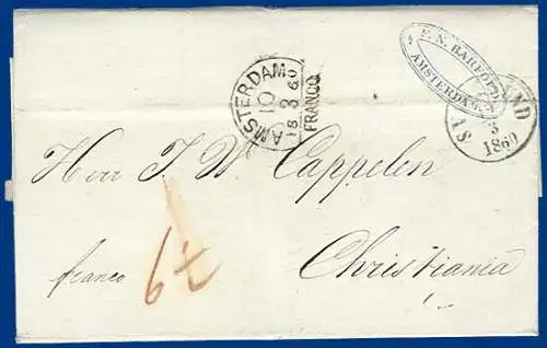 Niederlande 1860, Franco Brief via Hamburg u. Schweden n. Norwegen.  #S340