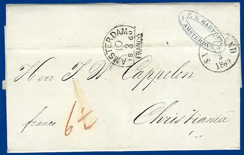 Niederlande1860, Franco Brief via Hamburg u. Schweden n. Norwegen.  #S340