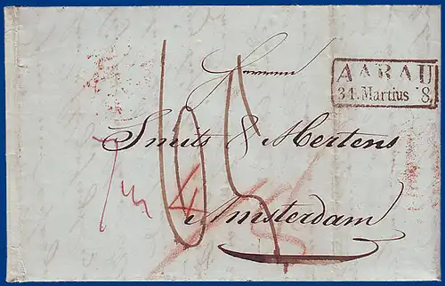 Schweiz 1848, Porto Brief von Aarau nach Amsterdam NL m. rs. Transit Stpl. #S820