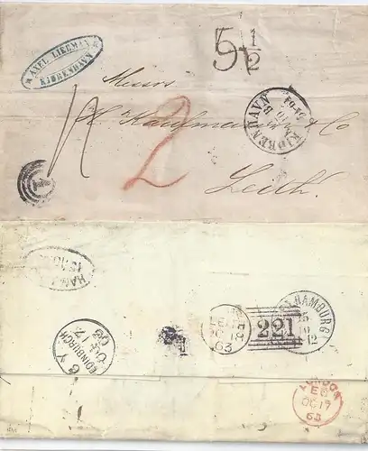 Dänemark GB 1863, Porto Brief v. "1" Kopenhagen m. vielen Stempeln. #1451