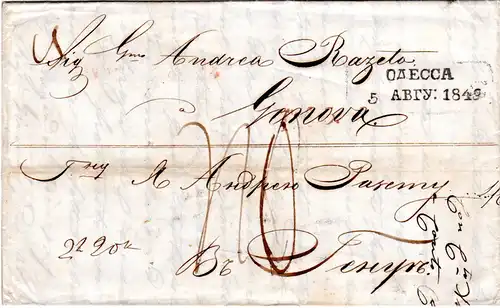 Russland 1849, rücks. L2 MARIUPOL sowie vs. ODESSA auf Brief n Sardinien Italien