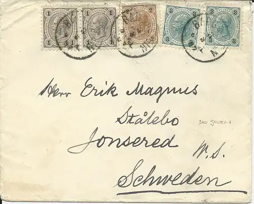 Österreich 1897, 10 Kr. Buntfrankatuur auf Brief v. Bad Gastein n. Schweden.
