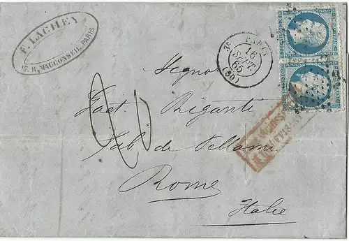 Frankreich Italien 1865, Brief i.d. Kirchenstaat. "Affranchissement Insuffisant"