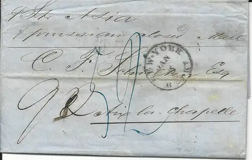 USA 1859, Brief v. NY pr. Prussian Closed Mail Steamer Asia nach Aachen. 52 SGr.