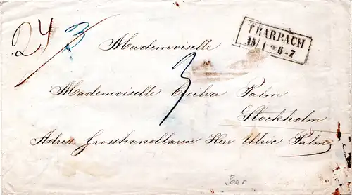 Preussen 1857, Saar-R2 TRARBACH auf Porto Brief via Hamburg n. Schweden.