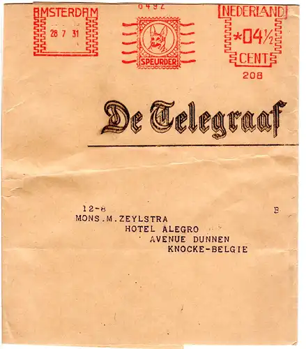 NL 1931, Amsterdam Freistempel m. Schäferhund De Telegraaf Zeitungsschleife 