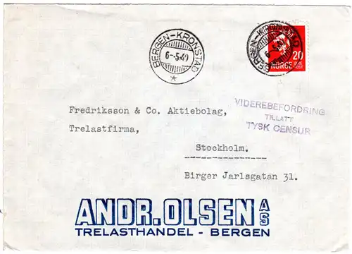 Norwegen 1940, 20 öre auf Brief m. dt. L3-Zensur VIDEREBEFORDRING TILLATT...