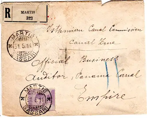 Italien 1914, 50 C. auf Einschreiben Brief v. MARTIS n. Panama Canal Zone!